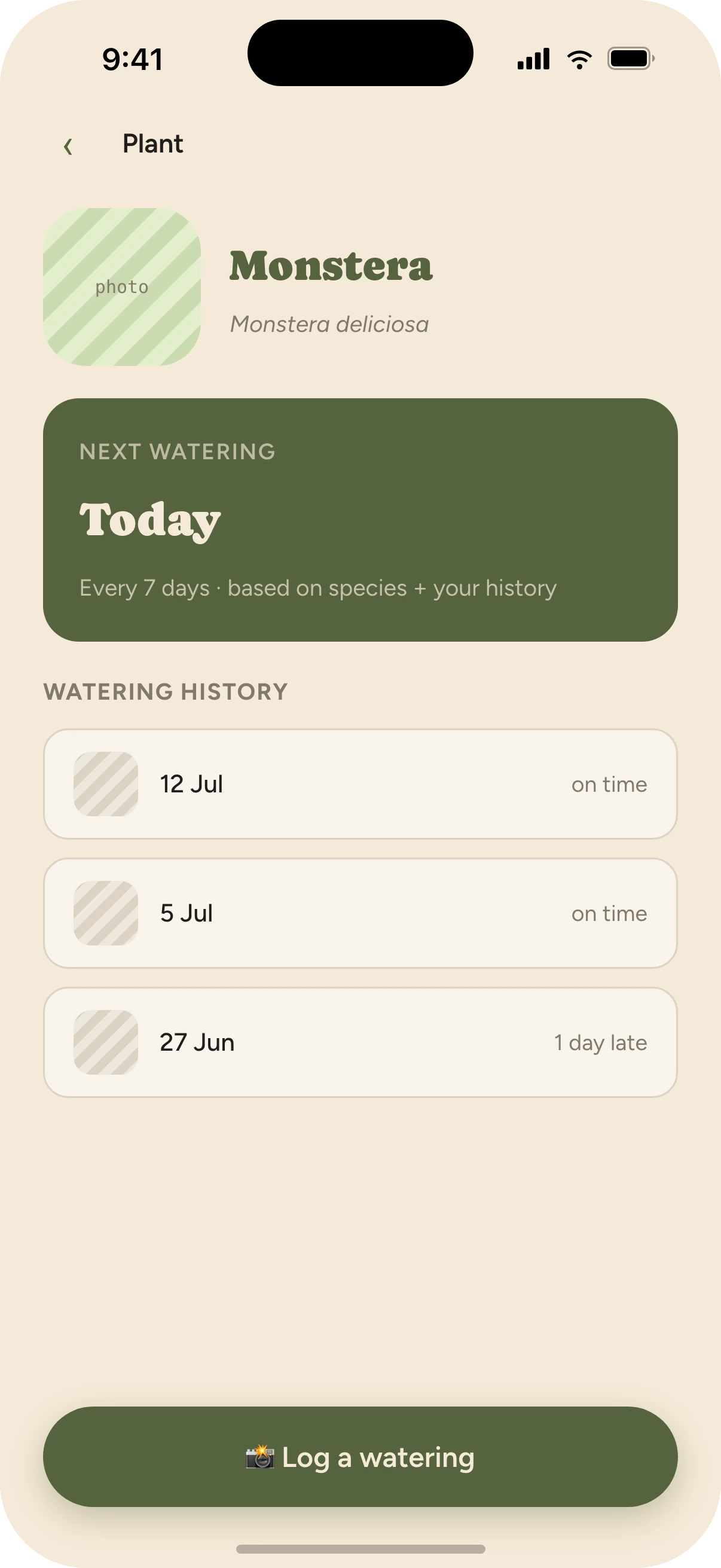Watered app plant detail showing the next watering date and past watering history